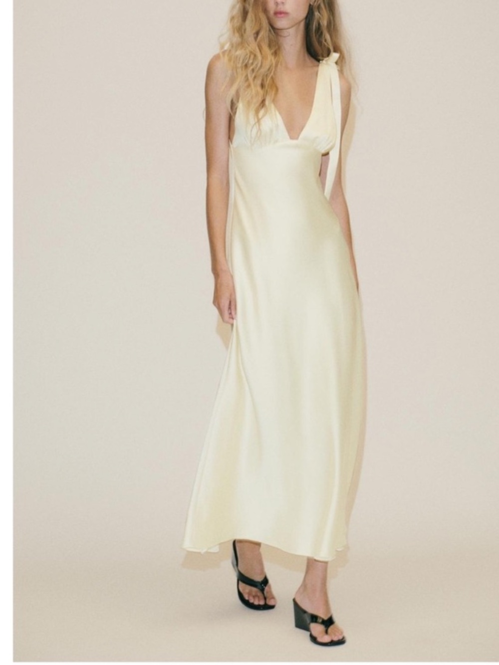 Zara Butter Yellow Satin Effect Midi Dress with Bows